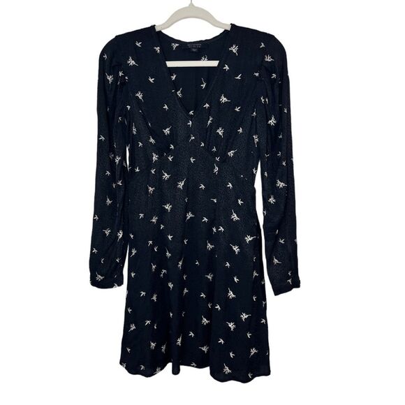 ALLSAINTS Rosi Embroidered Mini Dress Grunge Floral Long Sleeve V-Neck Crepe 4 - Picture 5 of 12
